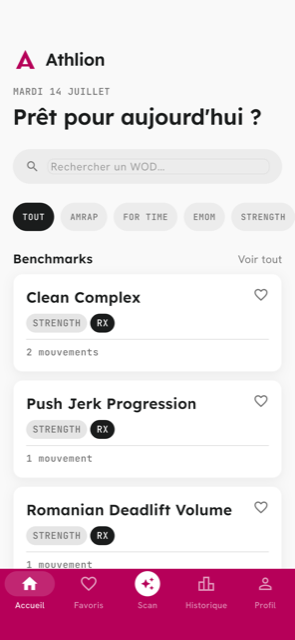 Capture d'écran de l'application Athlion — écran d'accueil